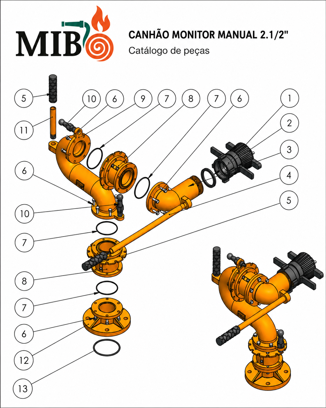 Catálogo de peças do canhão monitor manual 2.1/2 com vista explodida, identificação dos itens, esguicho, anéis de vedação, curvas, cabos, manopla, parafusos, mancal e base