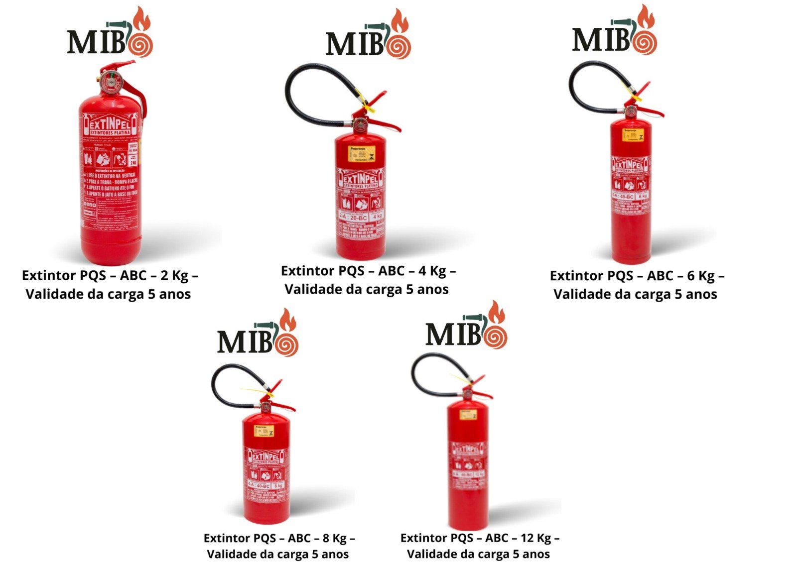 Conjunto de extintores portáteis ABC certificados Inmetro com diferentes capacidades