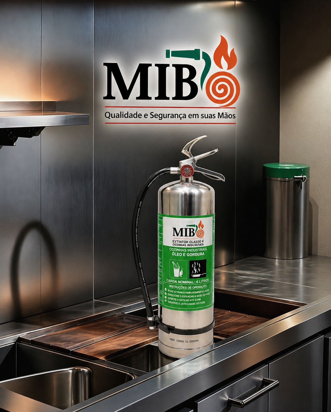 Extintor Classe K para cozinha industrial em aço inox indicado para óleo quente e fritadeira