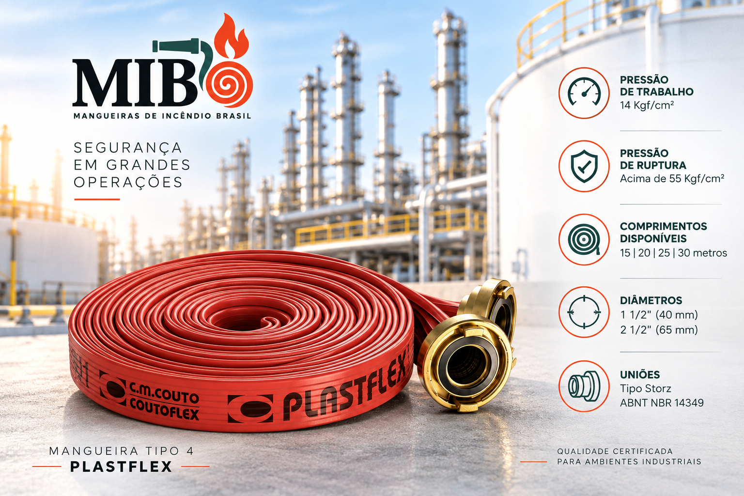Mangueira de incêndio Tipo 4 Plastflex com revestimento externo vermelho e uniões Storz em latão