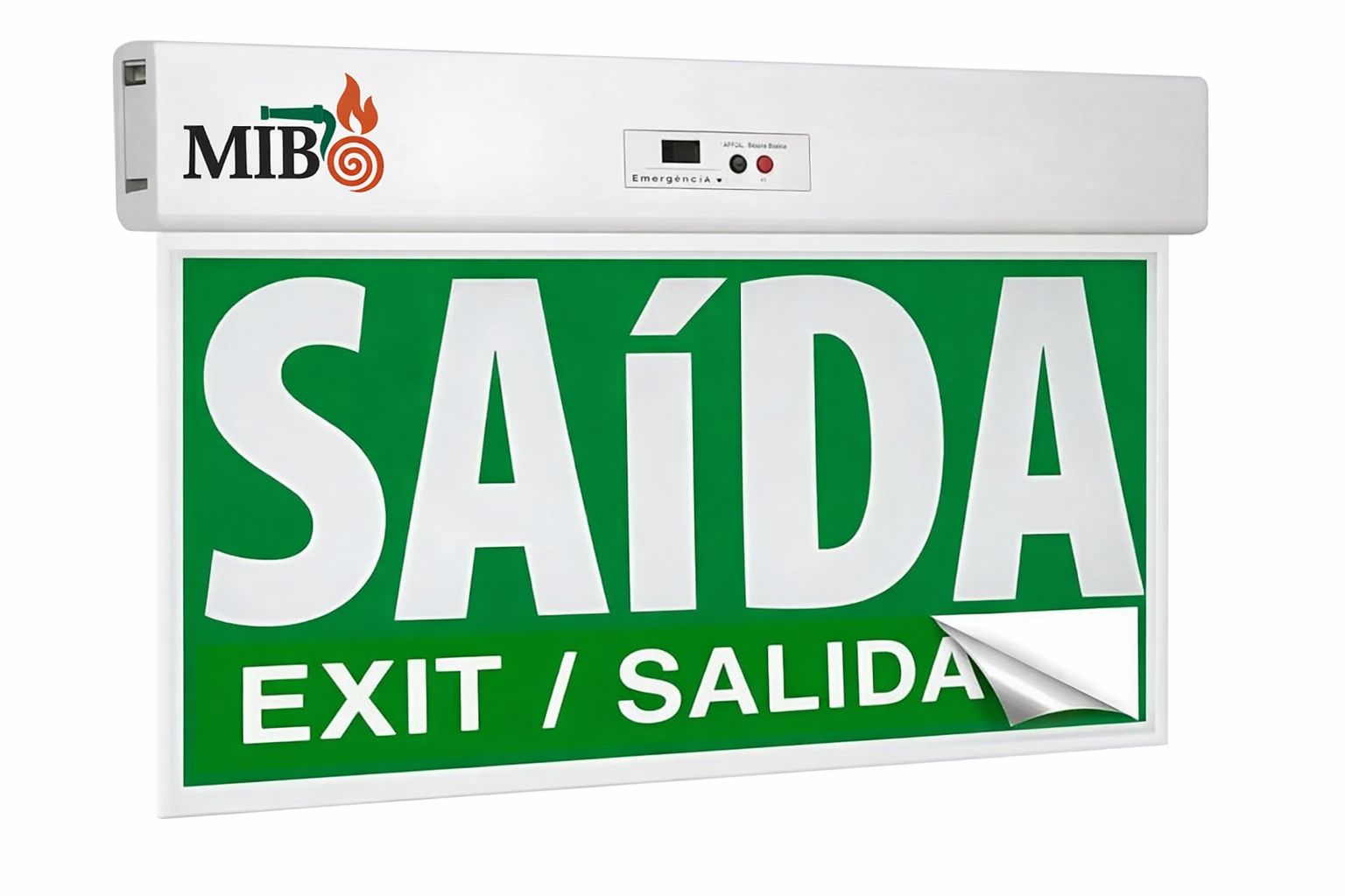 Placa de rota de fuga LED autônoma 24x18 verde com adesivos para sinalização de saída de emergência conforme ABNT NBR 10898